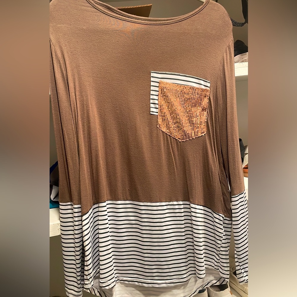 Tan long sleeve shirt with sequin pocket